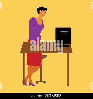 una donna in piedi nel suo ufficio accanto alla sua scrivania, donna capo spostare vettore illustrazione. Illustrazione Vettoriale