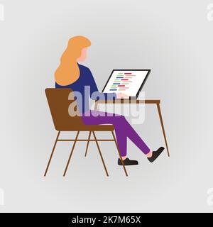 donna d'affari, capo, lavorando sulla sua scrivania ufficio, capo donna spostare piatto vettore illustrazione. Illustrazione Vettoriale