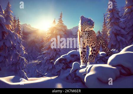 Un leopardo asiatico che si erge di fronte a una catena montuosa coperta di neve al tramonto. leopardo bianco o oncia, abita le montagne dell'Asia centrale e meridionale. 3D Foto Stock