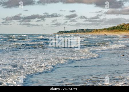 Bellissima spiaggia di pietra e dune sabbiose con pini, costa sul Mar Baltico nel Parco Regionale del Mare di Lituania Foto Stock