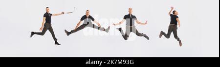 Collage. Giovane uomo allegro ed elegante in tuta nera che balla in pose strane, divertendosi isolato su sfondo grigio studio Foto Stock