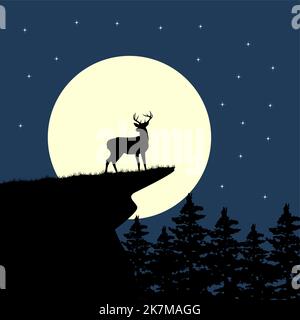 Deer Silhouette su una collina nell'illustrazione del vettore al chiaro di luna. Illustrazione Vettoriale