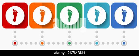 Icone vettoriali con stampa a piede umano, modello infografico, set di simboli di design piatto in 5 opzioni di colore Illustrazione Vettoriale