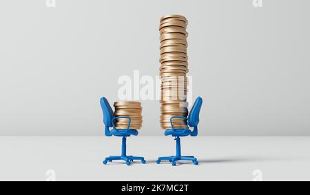 Sedia da ufficio con una pila di monete. Promozione della carriera salari e concetto di stipendio. Rendering 3D Foto Stock