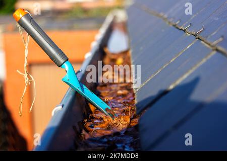 Un ritratto di una grondaia del tetto piena di foglie autunnali marroni cadute in una giornata di sole con una piccola pala da giardino blu in esso di qualcuno che sta pulendo l'intestino Foto Stock