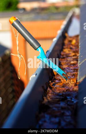 Un ritratto di una grondaia del tetto piena di foglie autunnali cadute in una giornata di sole con una piccola pala da giardino blu in esso di qualcuno che sta pulendo la grondaia du Foto Stock