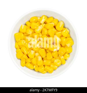 Chicchi di mais dolci, in una ciotola bianca su bianco. Mais vegetale giallo in scatola cotto, Zea mays, chiamato anche zucchero o mais palo. Foto Stock