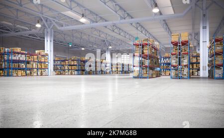 interno di un grande magazzino con scaffali e merci. rendering 3d Foto Stock