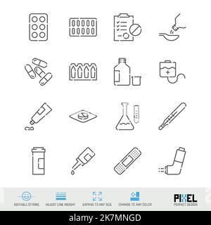 Medicina, insieme di icone della linea vettoriale correlata al trattamento isolato su bianco. Design perfetto per i pixel. Tratto modificabile. Regolare lo spessore della linea. Espandere a qualsiasi dimensione. Cha Illustrazione Vettoriale