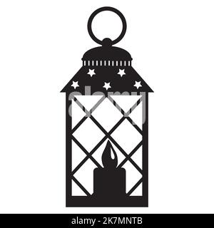Paesaggio interno Lanterna di Natale con candela, icona stencil nero. Illustrazione Vettoriale
