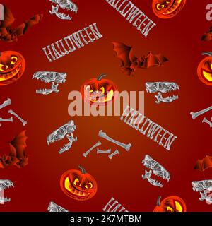 Texture senza cuciture zucche di Halloween pipistrelli teschi e ossa vacanza sfondo vettore illustrazione Illustrazione Vettoriale