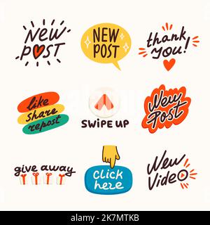 Adesivi sui social media, nuovi post, nuovi video, omaggi, ecc. Fare un blog o vlog vettore flat illustrazione. Set di icone dei cartoni animati per fare storie o. Illustrazione Vettoriale
