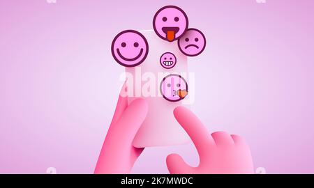 Emoticon per telefono con mani in mano. Chat sui social media e sui messaggi. Illustrazione vettoriale Illustrazione Vettoriale