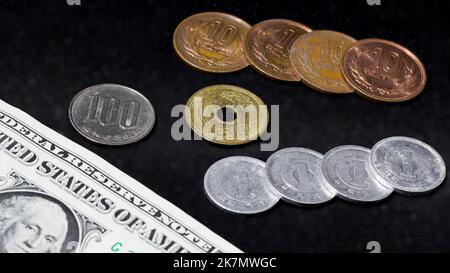 Vista dall'alto verso il basso di 149 JPY piazzati in cima a una fattura statunitense di un dollaro, che riflette il tasso di cambio corrente. Gli Yen giapponesi sono costituiti da 100, 10, 5 e 1 Yen c Foto Stock