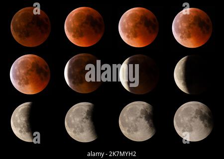 Le fasi di un'eclissi lunare, una luna di sangue Foto Stock