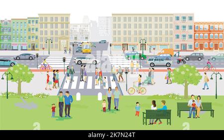 Silhouette della città con pedoni nel quartiere residenziale con parco cittadino, illustrazione Illustrazione Vettoriale