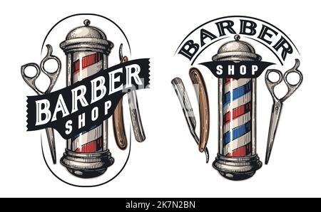 Stemma del barbiere. Asta per barbiere, forbici, rasoio da barba. Taglio e rasatura, logo per salone di bellezza maschile. Illustrazione vettoriale Illustrazione Vettoriale