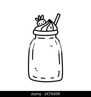 Frullato di fragola con panna montata isolata su fondo bianco. Disegno vettoriale a mano in stile doodle. Perfetto per carte, logo, decorazioni, menu, disegni vari. Illustrazione Vettoriale