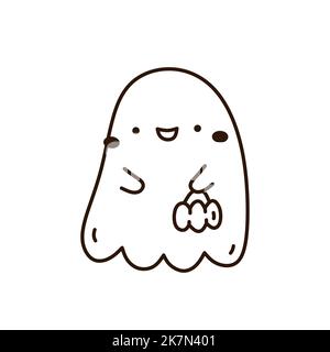 Fantasma simpatico e divertente isolato su sfondo bianco. Disegno vettoriale a mano in stile doodle. Carattere Kawaii. Perfetto per carte, decorazioni, logo e disegni di Halloween. Illustrazione Vettoriale