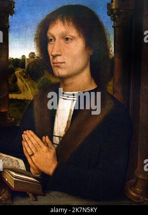 Benedetto Portinari trittico: Destra 1487 Ritratto di un uomo in preghiera Benedetto Portinari 1487 Hans Memling (Memlinc) 1430–1494 pittore tedesco che si trasferì nelle Fiandre e lavorò nella tradizione della prima pittura olandese. Hans Memling (c. 1430–1494) è stato un pittore fiammingo della prima tradizione fiamminga, noto per le sue opere religiose e per i ritratti rivoluzionari della classe mercantile emergente, che ha portato la sua reputazione internazionale e influenza in Italia. Fu un artista di successo che fu tra i cittadini più ricchi della città di Bruges alla sua morte Foto Stock