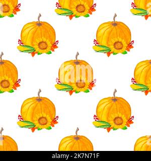 Sfondo giorno del ringraziamento, sfondo senza cuciture con zucche acquerello, foglie autunnali, bacche, raster acquerello modello del Ringraziamento Foto Stock