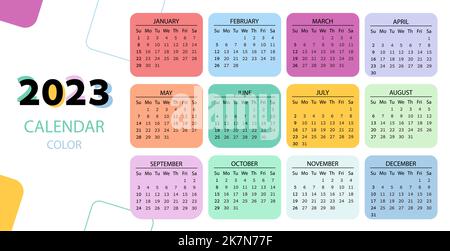 Calendario orizzontale su 2023 anno, piazza arcobaleno. modello di calendario a colori per le aziende su sfondo bianco. La settimana inizia da domenica. Calibrazione tasca vettoriale Illustrazione Vettoriale