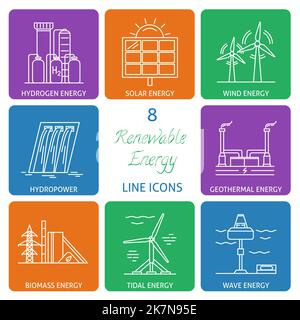 Collezione di icone di energia rinnovabile in stile sottile. Diversi tipi di fonti elettriche ecologiche in simboli lineari. Illustrazione Vettoriale
