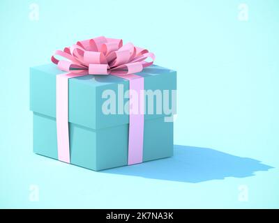 Una scatola di presentazione verde turchese con nastro rosa su sfondo verde turchese con ombra sfumata. Vista ortografica Foto Stock