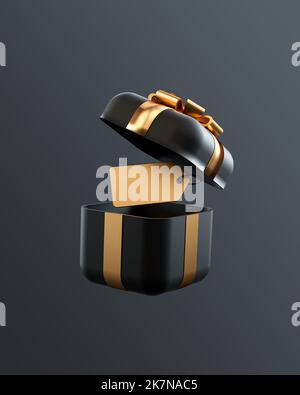 Regalo aperto nero e oro isolato su uno sfondo scuro per il Black Friday social media verticale post in 3D illustrazione. Sconti speciali e on-line Foto Stock