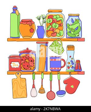 Mensola da cucina con cibo e utensili - disegno piatto stile illustrazione Illustrazione Vettoriale