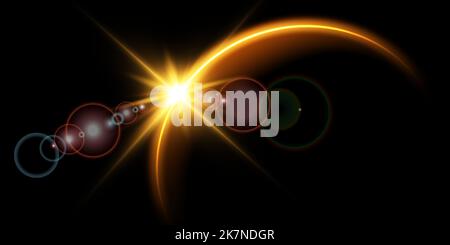 Il bordo di un'eclisse solare dorata su uno sfondo nero. Eclissi d'oro per la pubblicità dei prodotti, fenomeni naturali, concetto di orrore e altri. Illustrazione Vettoriale