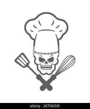 Cranio Chef segno. Simbolo di morte kitchener. icona chief-cooker. emblema del ristorante Illustrazione Vettoriale