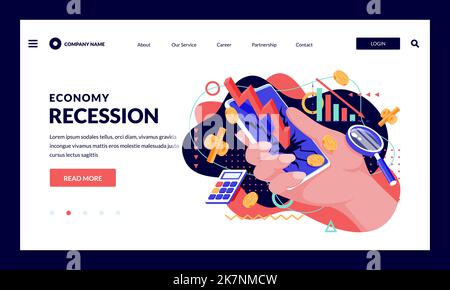 Recessione economica, crisi, perdite finanziarie, concetto di fallimento. Disegno vettoriale piatto della mano umana con smartphone e frecce rosse Illustrazione Vettoriale