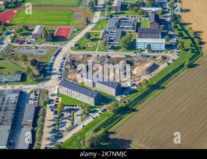 Vista aerea, caserma di Glückauf con cantiere, Königsborn, Unna, zona della Ruhr, Renania settentrionale-Vestfalia, Germania, lavori di costruzione, zona di costruzione, Foto Stock