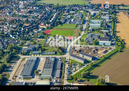 Vista aerea, caserma di Glückauf con cantiere, Königsborn, Unna, zona della Ruhr, Renania settentrionale-Vestfalia, Germania, lavori di costruzione, zona di costruzione, Foto Stock