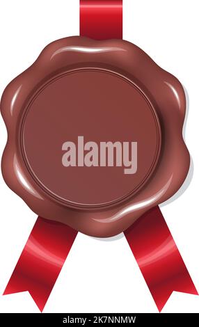 Timbro in cera sigillato con nastro rosso. Etichetta in gomma Illustrazione Vettoriale
