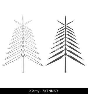 Set di illustrazioni in bianco e nero con albero di Natale composto da eliche, pale di mulini a vento, turbine eoliche. Oggetti vettoriali isolati su backgroun bianco Illustrazione Vettoriale