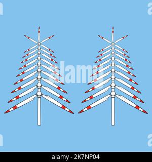 Set di illustrazioni a colori con albero di Natale fatto di eliche, pale di mulino a vento, turbina eolica. Oggetti vettoriali isolati. Illustrazione Vettoriale