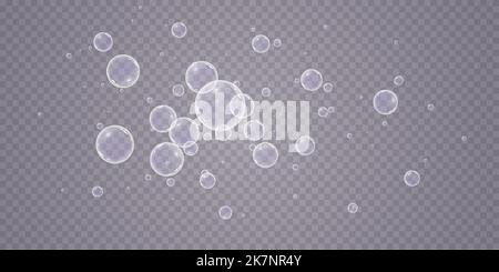 Un set di bolle di sapone colorate e colorate per creare un design. Bolle di sapone isolate, trasparenti e realistiche su sfondo trasparente. Illustrazione Vettoriale