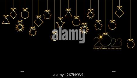 Banner 2023 Felice anno nuovo, oro palle di Natale isolato su sfondo nero, elementi di linea per calendario e biglietti di auguri o Natale a tema Illustrazione Vettoriale
