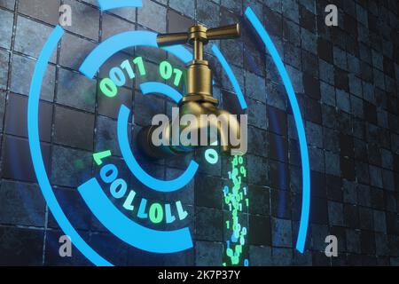 Rubinetto dell'acqua che scorre un flusso di codice binario. Illustrazione del concetto di banda larga Internet, trasferimento dati e perdita di dati Foto Stock