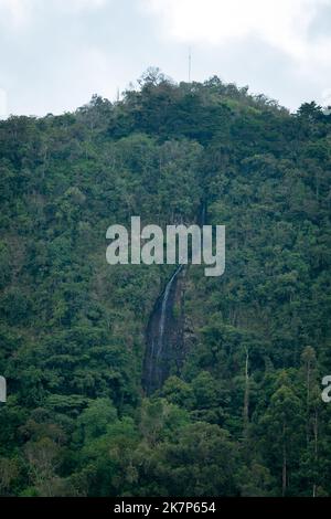 Cascata tra le montagne piena di vegetazione in un giorno nuvoloso Foto Stock