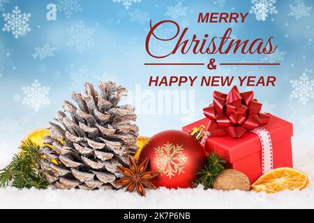 Buon Natale carta decorazione tempo con regalo decorazione presente Foto Stock