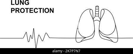 Polmoni umani con impulso cardiaco, disegno continuo su una linea. Illustrazione continua di un organo umano su una linea. Illustrazione lineare vettoriale minimalista. Illustrazione Vettoriale