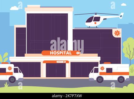 Ospedale esterno con auto ambulanza. Città centro medico paesaggio. Illustrazione vettoriale Illustrazione Vettoriale