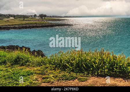 Piccola baia e spiaggia di fronte a Torre Mileto. San Nicandro Garganico, Provincia di Foggia, Puglia, Italia, Europa Foto Stock