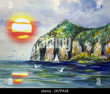 Arte pittura acquerello, mare ventoso e barche da pesca, phuket thailandia Foto Stock