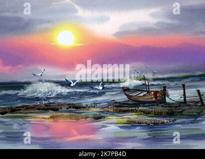 Arte pittura acquerello, mare ventoso e barche da pesca, phuket thailandia Foto Stock