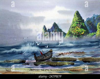 Arte pittura acquerello, mare ventoso e barche da pesca, phuket thailandia Foto Stock