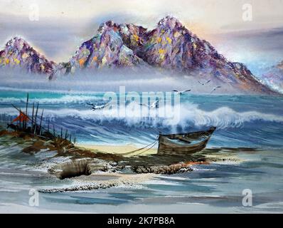 Arte pittura acquerello, mare ventoso e barche da pesca, phuket thailandia Foto Stock